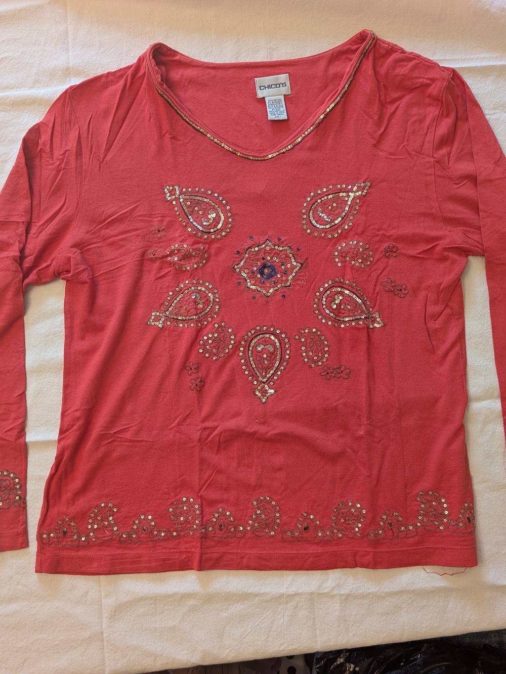 Chico's Coral Embellished Long-Sleeve Tee